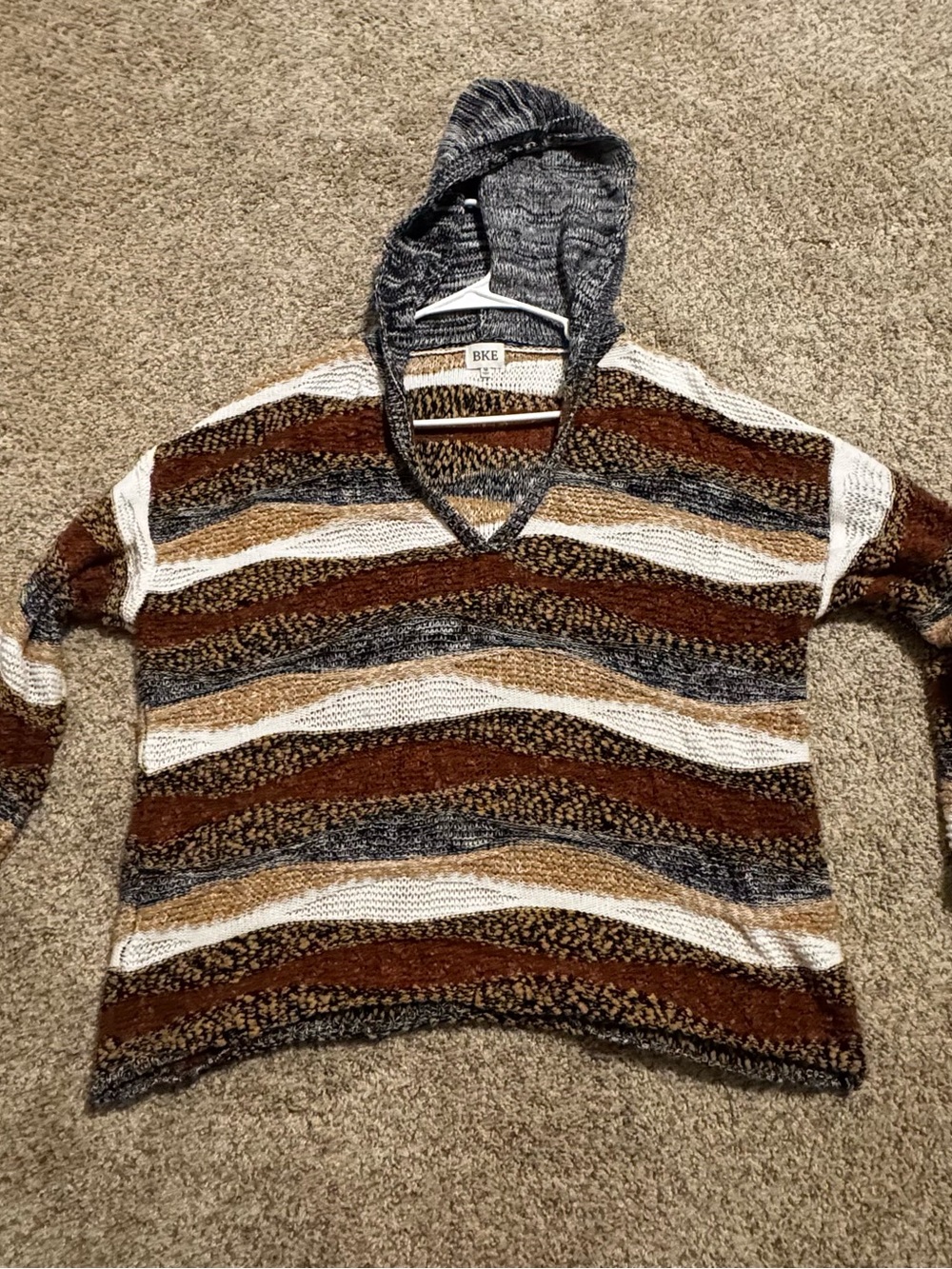 BKE Women's Striped V-Neck Hooded Sweater in Brown, Gray, Cream